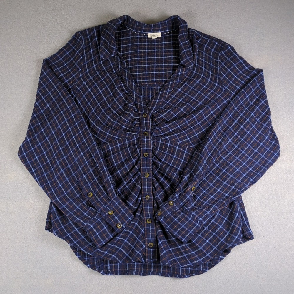 Anthropologie Pilcro Ruched Top Womens Extra Small Navy Blue Button Up Keaton
